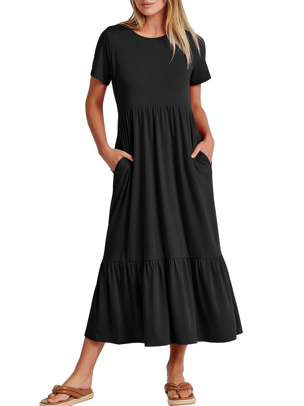 ANRABESS Womens 2025 Summer Casual Maxi Dress A line Tiered Flowy Short Sleeve Crewneck T Shirt Beach Travel Long Dresses Black Small