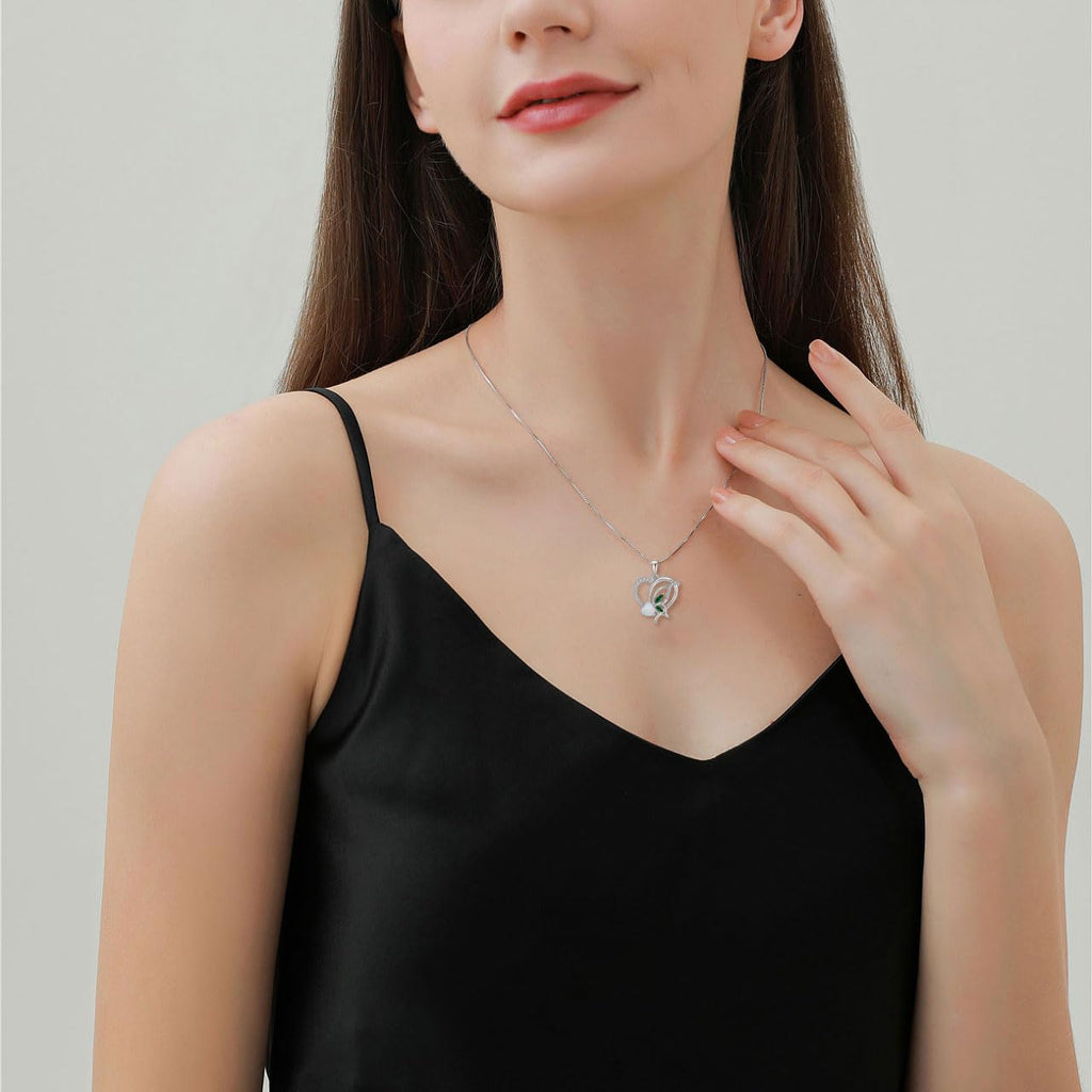YIFSIY Opal Heart Necklace for Women 925 Sterling Silver Butterfly Pendant Emerald Birthstone May Jewelry Gifts