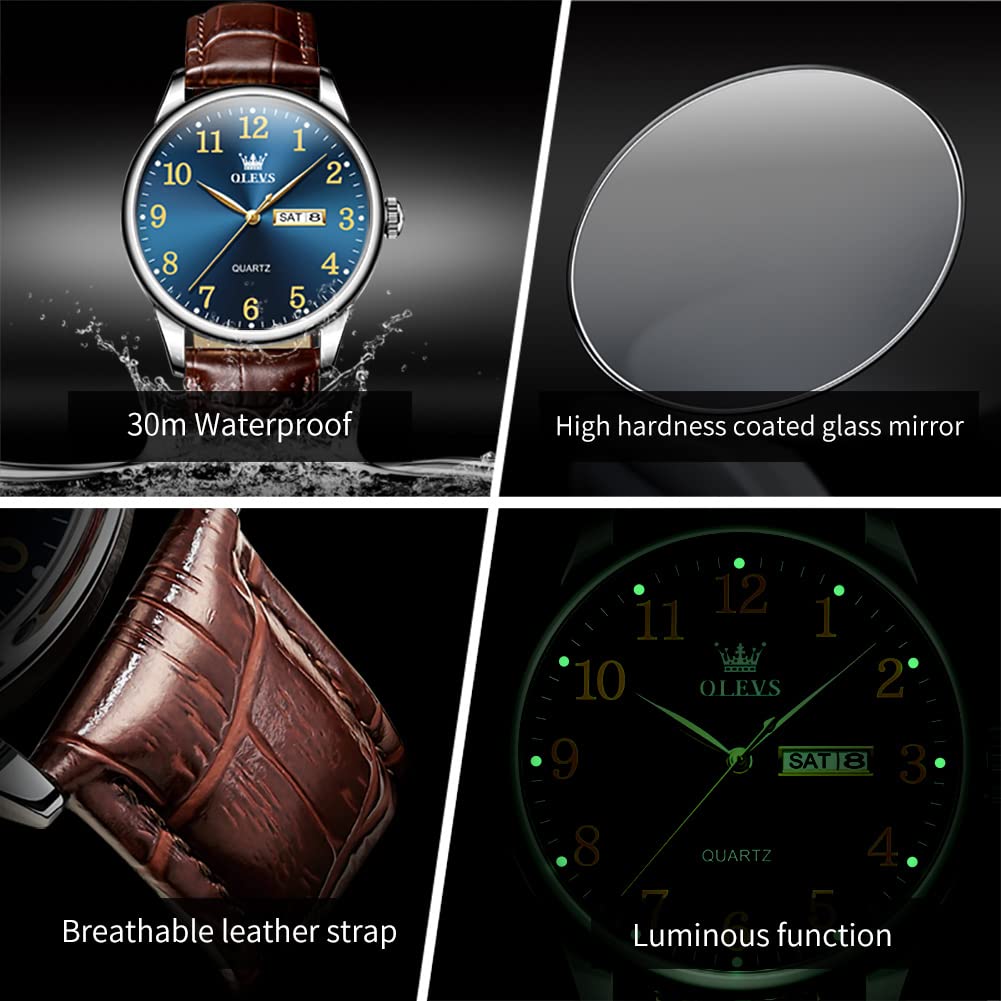 OLEVS Brown Leather Watch Men Blue Big Face Minimalist Simple Easy to Read Watches for Men Vintage Classic Business Casual Men’s Watch Day Date Analog Waterproof Extra Large Wrists Mens Watches