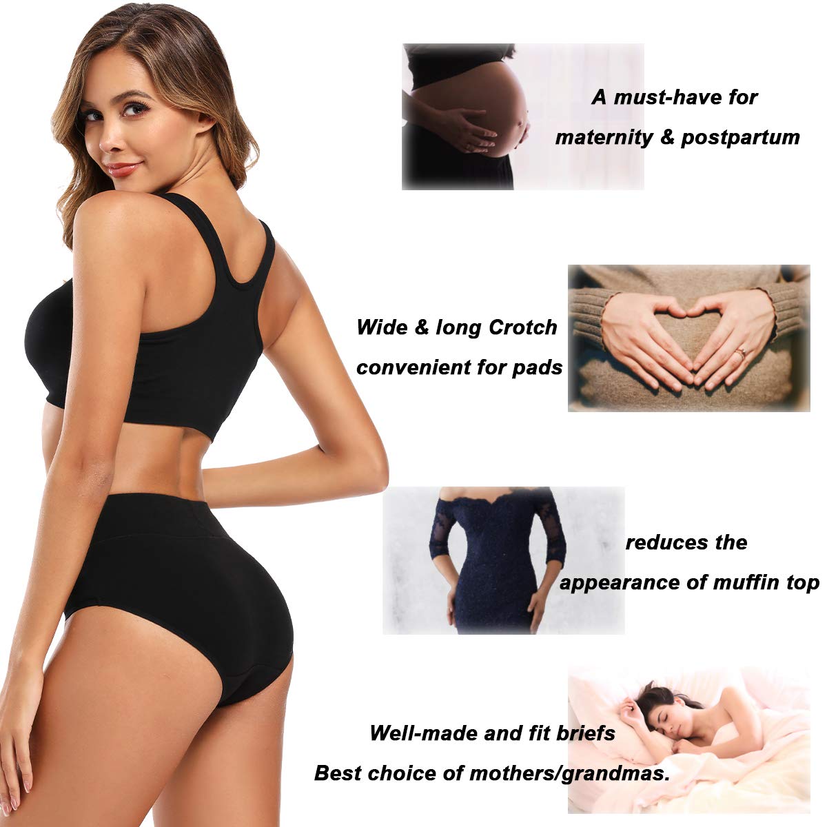 Molasus Women's Soft Cotton Underwear Briefs High Waisted Postpartum Panties Ladies Full Coverage Plus Size Underpants Black,XXL