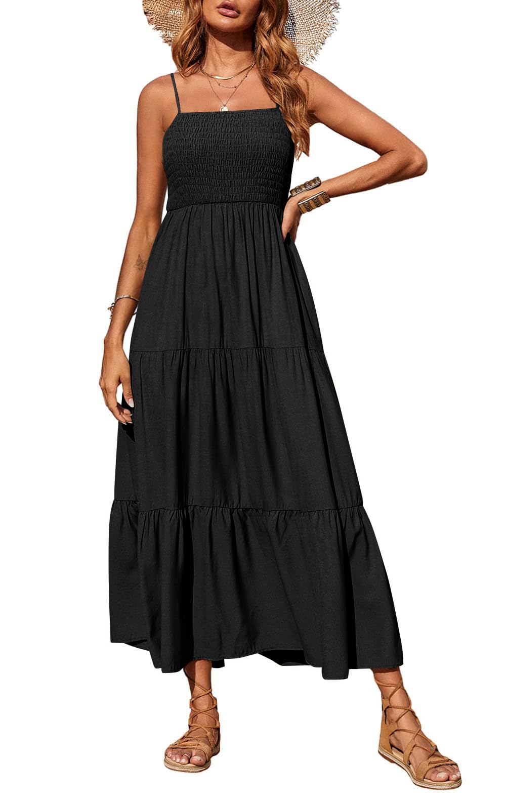 PRETTYGARDEN Women's Summer Maxi Dress 2026 Casual Boho Sleeveless Spaghetti Strap Smocked Tiered Long Beach Vacation Sundresses (Black,S)