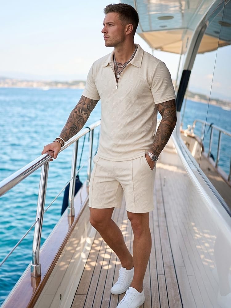 Kgamfar Mens Summer Track Suits 2 Piece Shorts Sets Short Sleeve Sweatsuit casual Outfits Polo Shirts workout,BEIGE,M