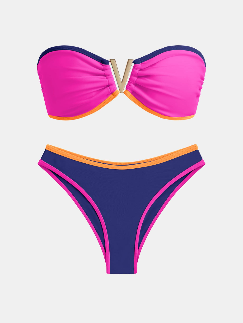 ZAFUL Women's Bandeau Bikini V Strapless Confetti Colorblock Tie Back High Cut Two Piece Swimsuit Bathing Suits (1-Navy Blue, M)