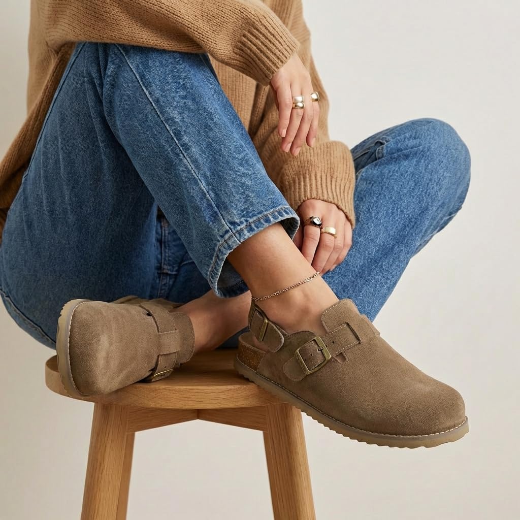 CUSHIONAIRE Brooklyn Suede Womens Slides– Comfortable Clog Mules with Adjustable Buckles – Summer Shoes for Women,TAUPE 11W