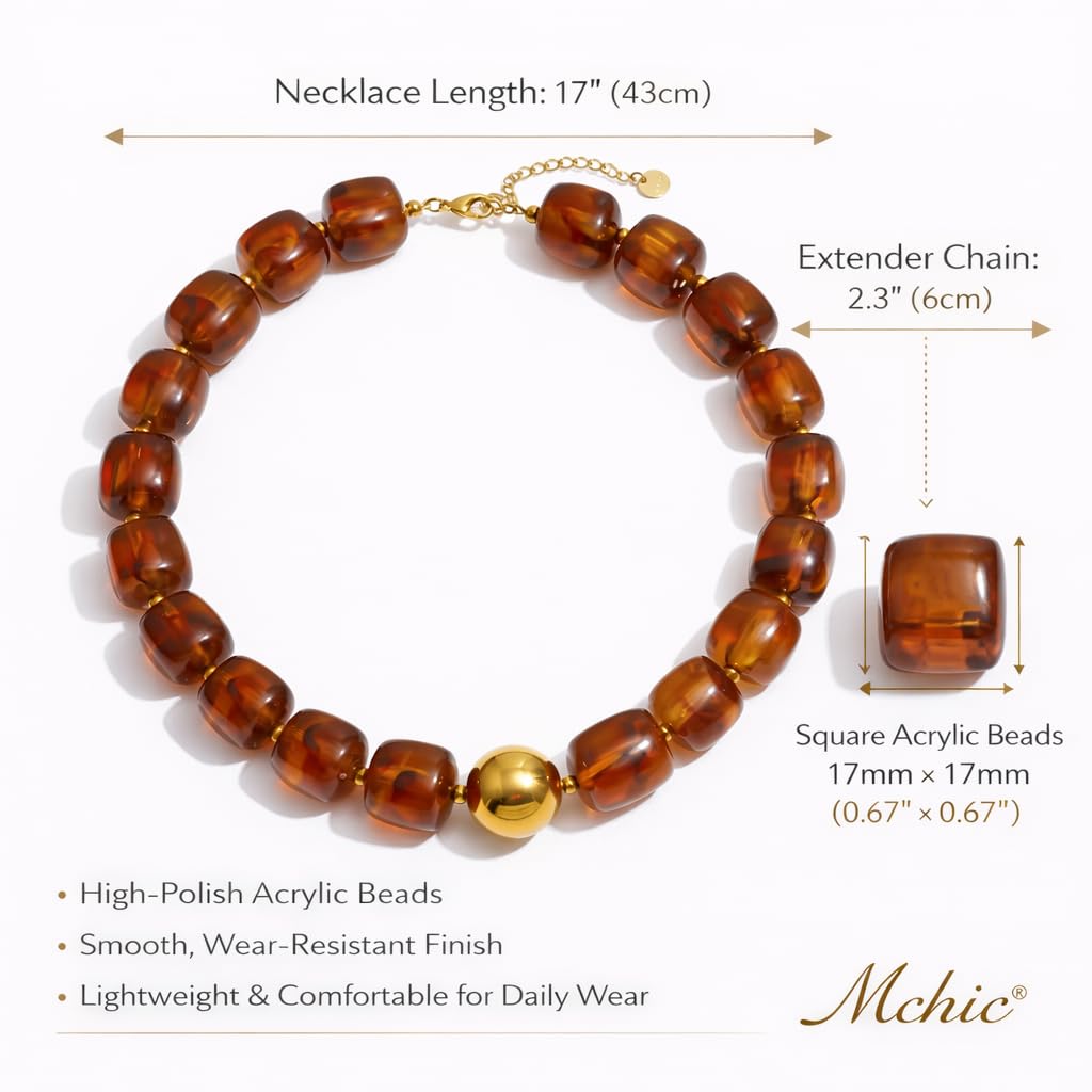 Mchic Amber Beaded Strand Necklace for Women: Adjustable Boho Chunky Acrylic Square Bead Choker Handmade Summer Beach Jewelry Stainless Steel Necklace Unique Gift for Her
