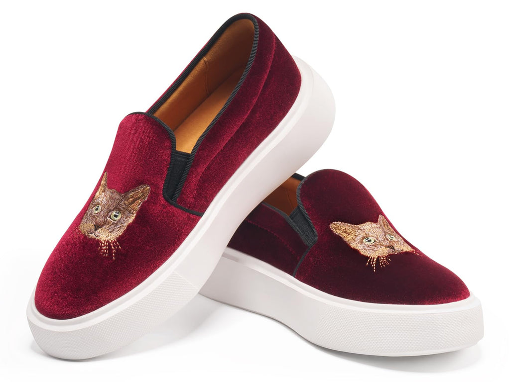 Women's Fashion Velvet Sneakers with Embroidery Light Weight Comfortable Slip-On Work Shoes for Women Cat Burgundy US 9.5