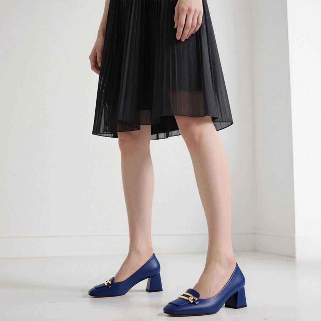 CDXJHYMY Women's Pumps Low Chunky Block Heel Square Toe Slip On Comfortable Dress Shoes for Work Office Casual Navy Blue Matte Size 7.5