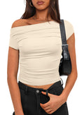 Darong Women's Classic Fit Short Sleeve Boat Neck T Shirt Y2K Tight Tshirts 9048 Light Beige L