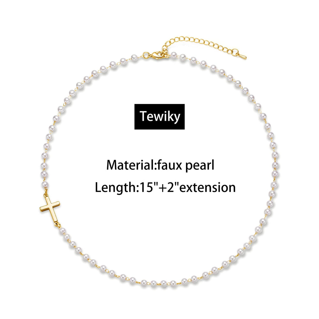 Tewiky 14K Gold Plated Cross Necklace for Women, Gold Pearl Necklace with Cross Pendant Dainty Sideway Cross Choker Necklace Trendy Faith Jewelry Religious Gifts