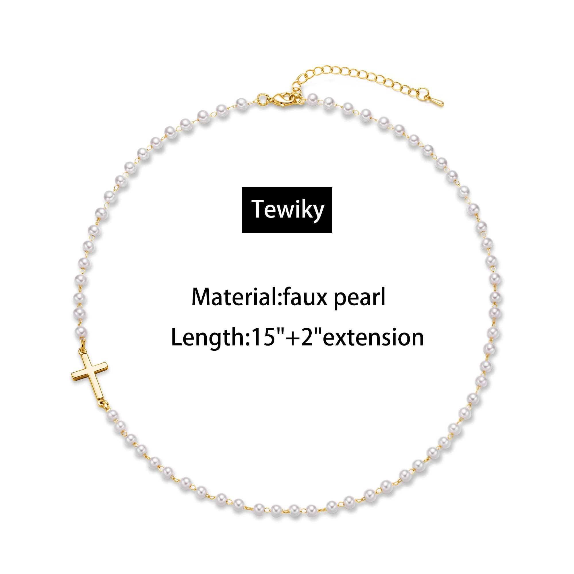 Tewiky 14K Gold Plated Cross Necklace for Women, Gold Pearl Necklace with Cross Pendant Dainty Sideway Cross Choker Necklace Trendy Faith Jewelry Religious Gifts