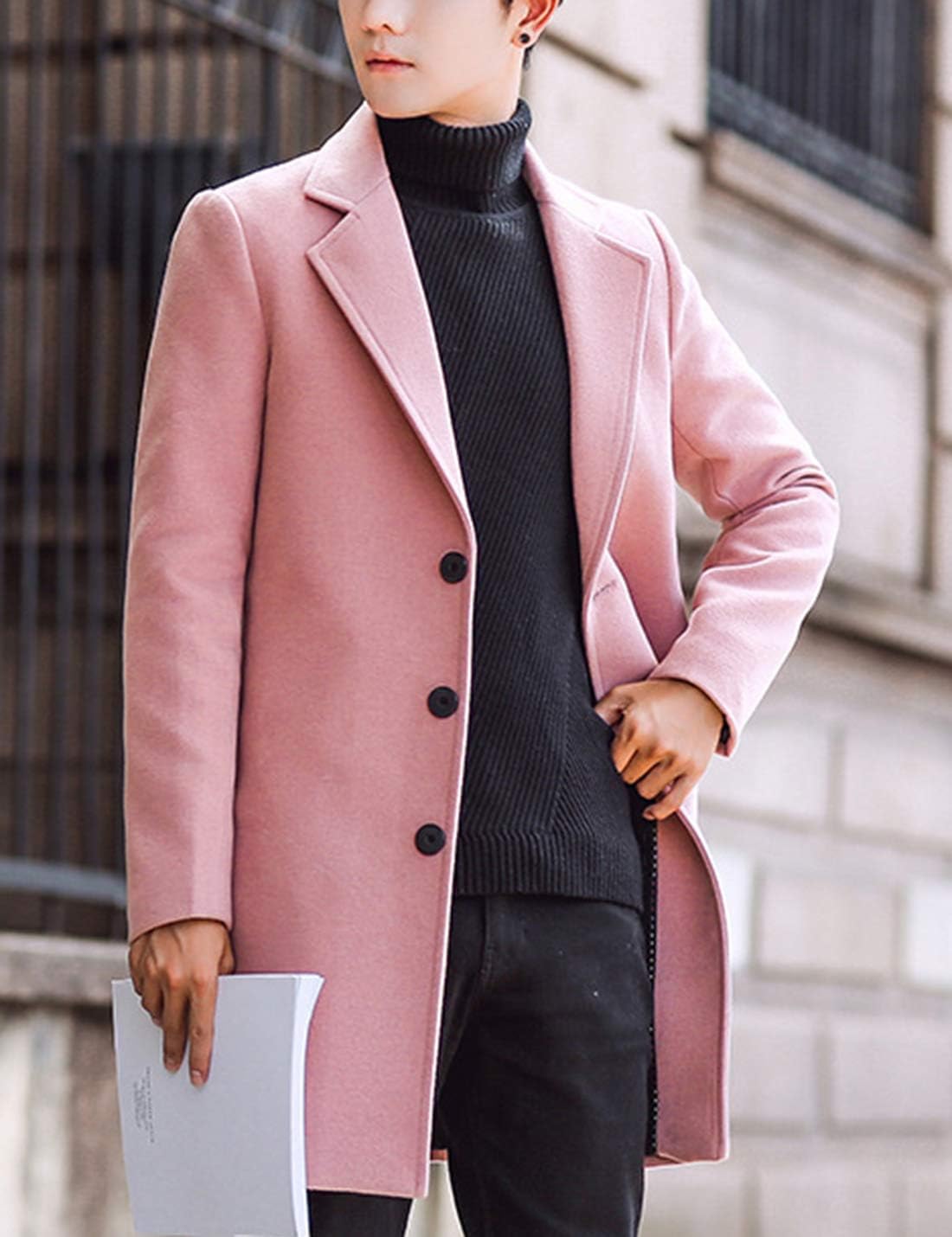 Springrain Men's Wool Blend Pea Coat Notched Collar Single Breasted Overcoat Warm Winter Trench Coat(Pink-S)