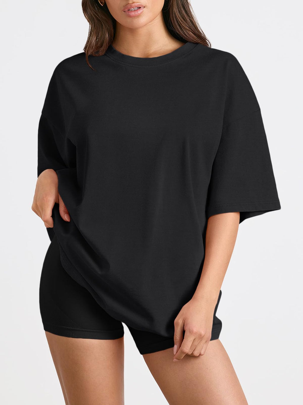 Trendy Queen Womens Oversized Sleep T Shirts Plus Size Capsule Wardrobe Tops Short Sleeves Fashion Workout Clothes 2026 Black M