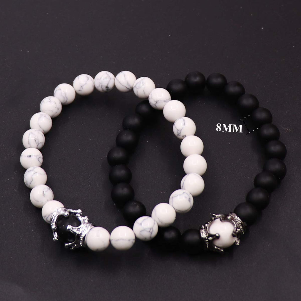 UEUC King&Queen Crown Distance Couple Bracelets His Hers Black Matte Agate 8mm Beads Bracelet
