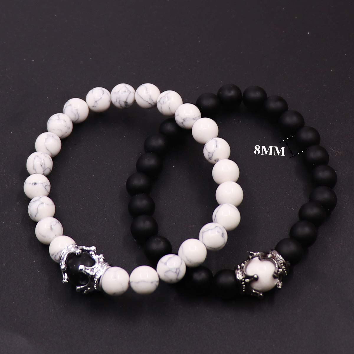 UEUC King&Queen Crown Distance Couple Bracelets His Hers Black Matte Agate 8mm Beads Bracelet