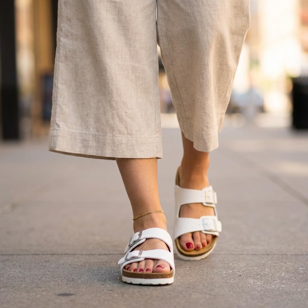 CUSHIONAIRE Lane Cork Footbed Womens Sandals Comfortable Double Buckle Slip On Sandals for Women with Arch Support and Classic Two Strap Design, WHITE 8W