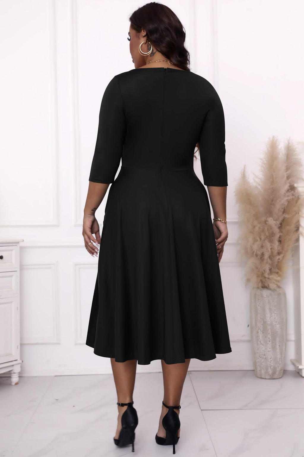 Runwind Plus Size Black Dresses for Curvy Women Fit and Flare Swing Semi Formal Cocktail Wedding Guest Party Dress Black 5XL