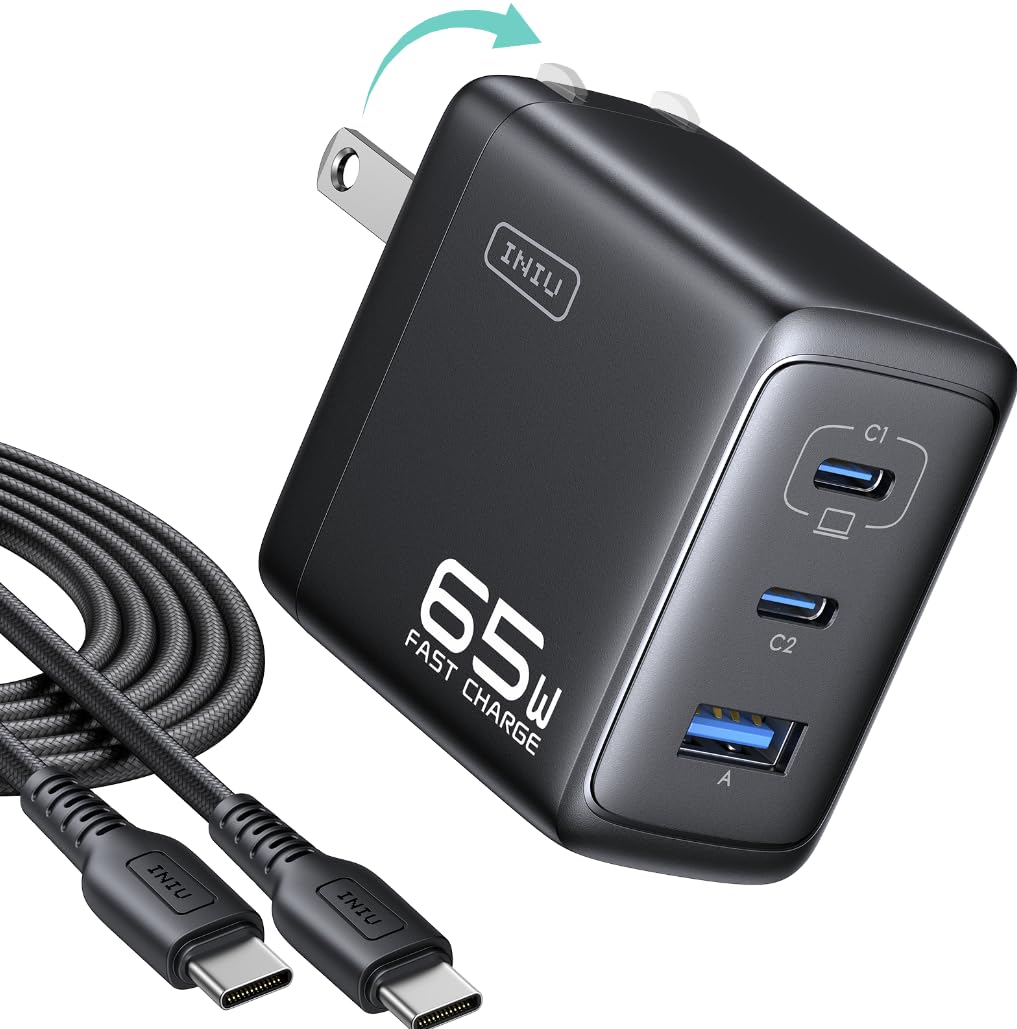 INIU 65W USB C Charger Block, 3-Port GaN Fast Charging Adapter with 100W Cable & Advanced Protection, Foldable Travel Charger for iPhone 17 16 15 Pro Max, iPad, Samsung S26 S25 Ultra, Pixel eReaders