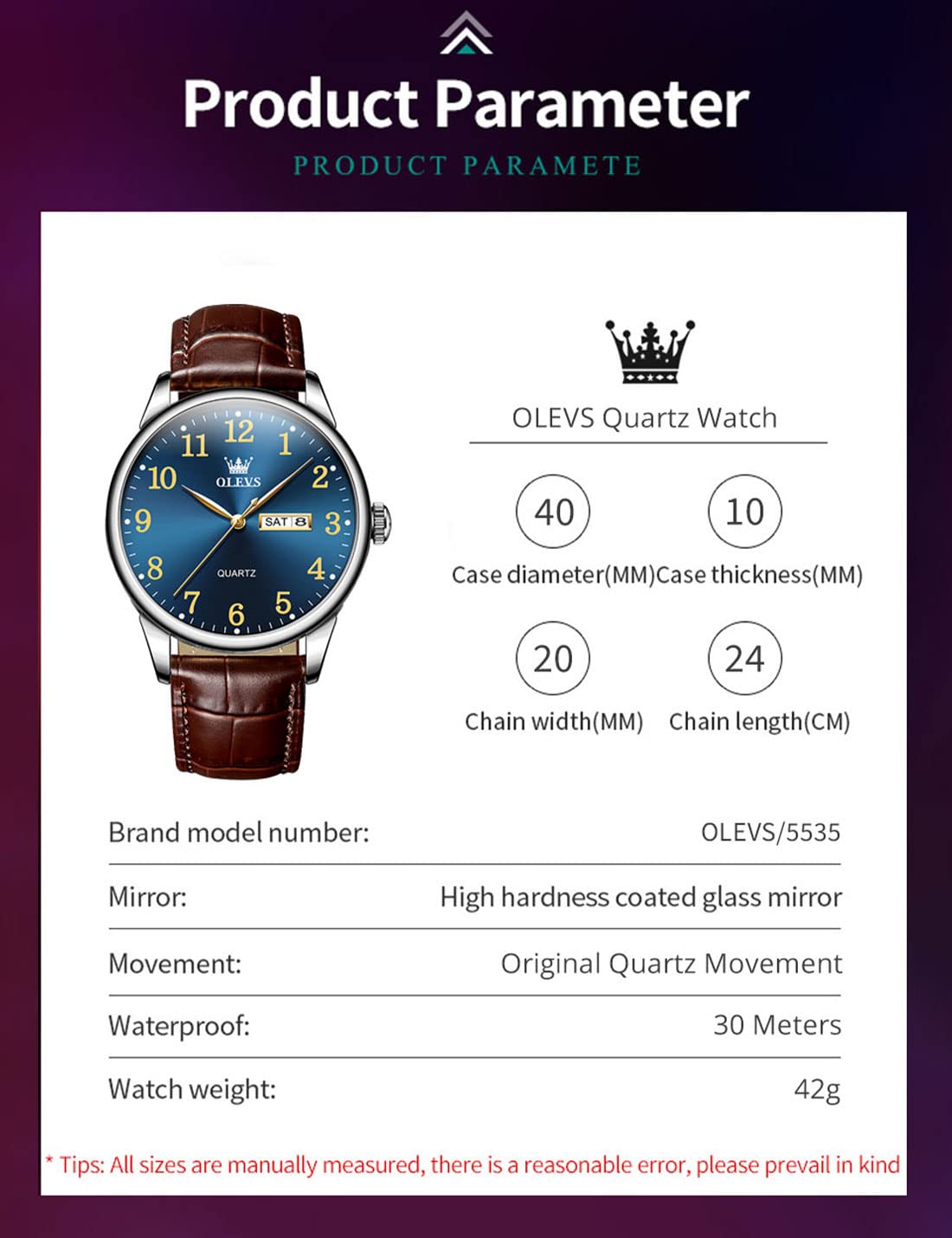 OLEVS Brown Leather Watch Men Blue Big Face Minimalist Simple Easy to Read Watches for Men Vintage Classic Business Casual Men’s Watch Day Date Analog Waterproof Extra Large Wrists Mens Watches