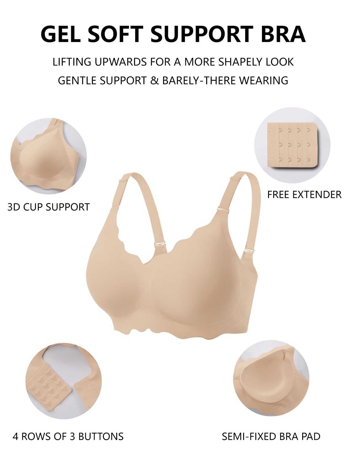 COCOMARTS Jelly Bras for Women No Underwire Scalloped Push Up Wireless Bralettes Seamless Soft Comfort Everyday Tshirt Bra Nude X-Large