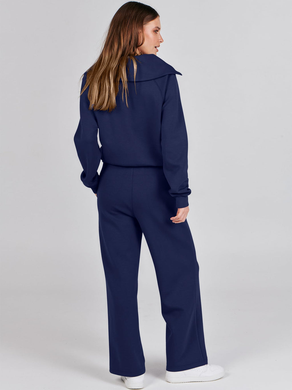 ANRABESS Women 2 Piece Outfits 2025 Fall Fashion Airport Wide Leg Pants Lounge Set Leisure Travel Vacation Clothes Sweatsuits Navy Blue Large
