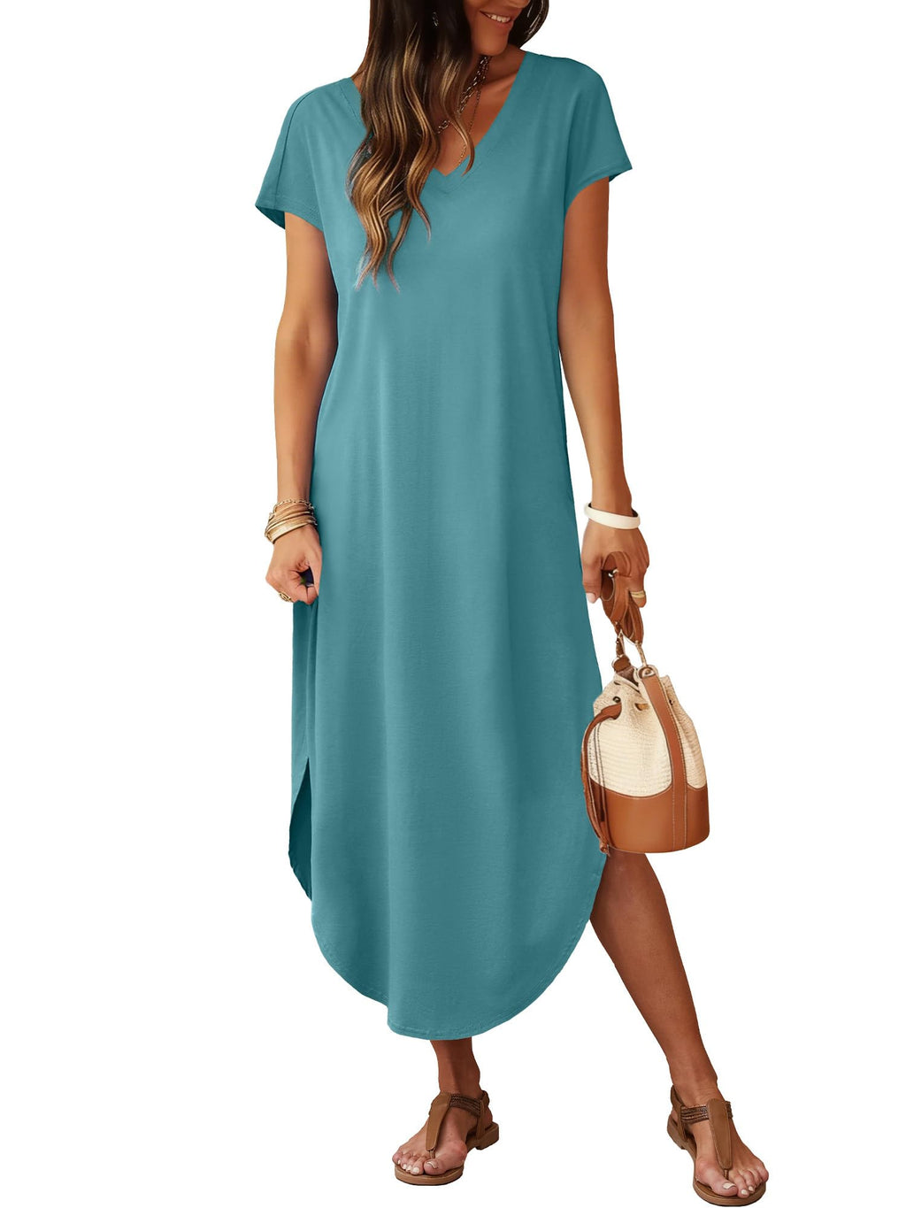 RUMIA Summer Casual Maxi Dresses for Women- Women's V Neck Cap Sleeve Long Sundress with Pockets Beach Vacation Turquoise