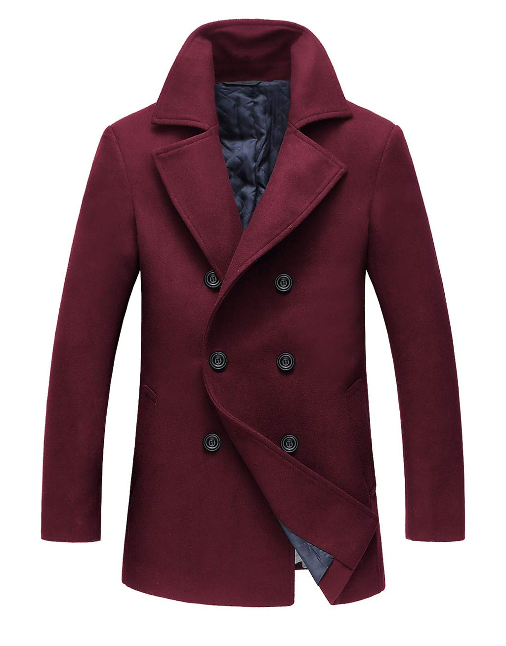 chouyatou Men's Classic Notched Collar Double Breasted Wool Blend Pea Coat (Medium, Wine Red)