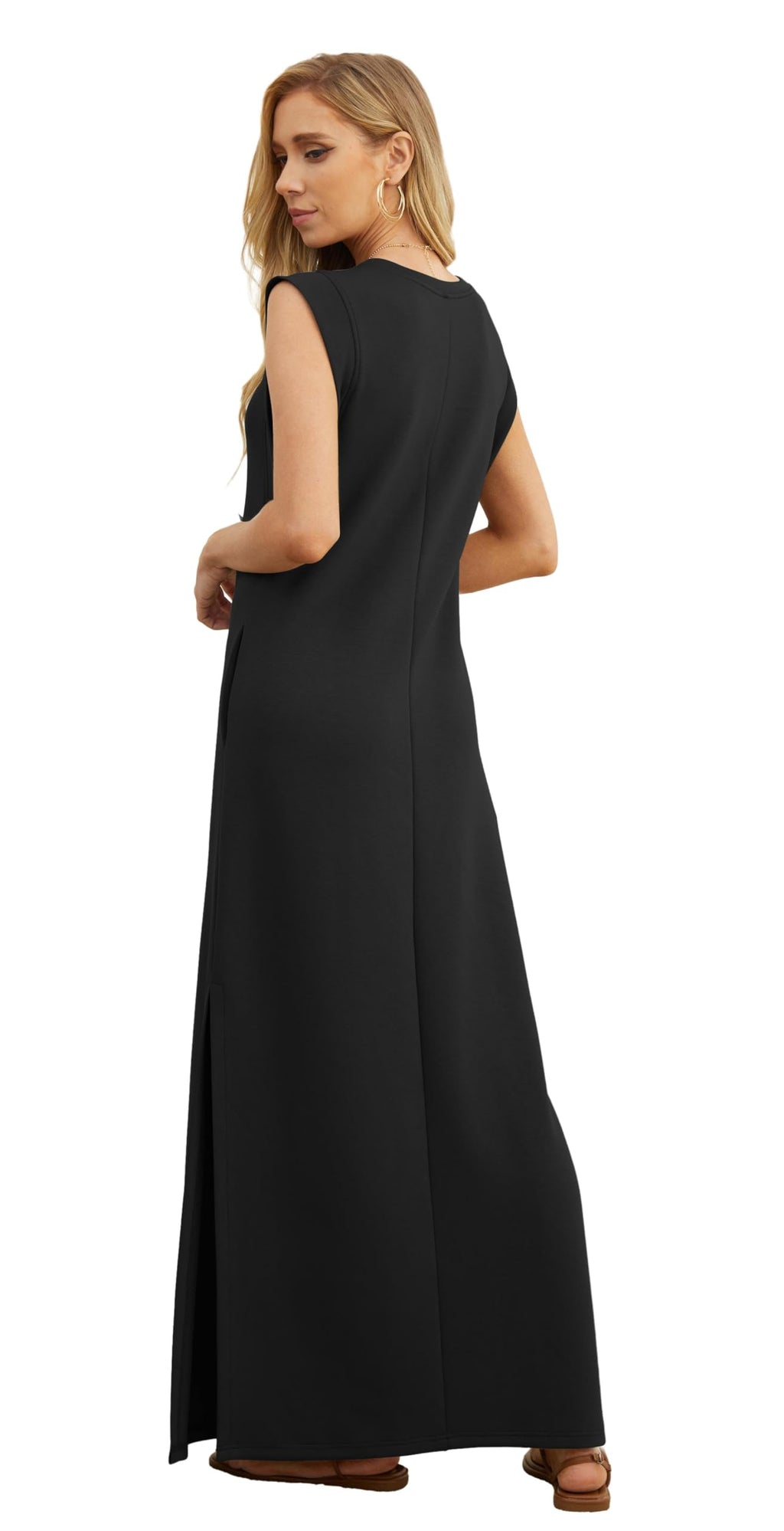 GRECERELLE Women's Summer Crew Neck Loose Split Casual Long Maxi Beach Dress with Pockets (Small, Black)