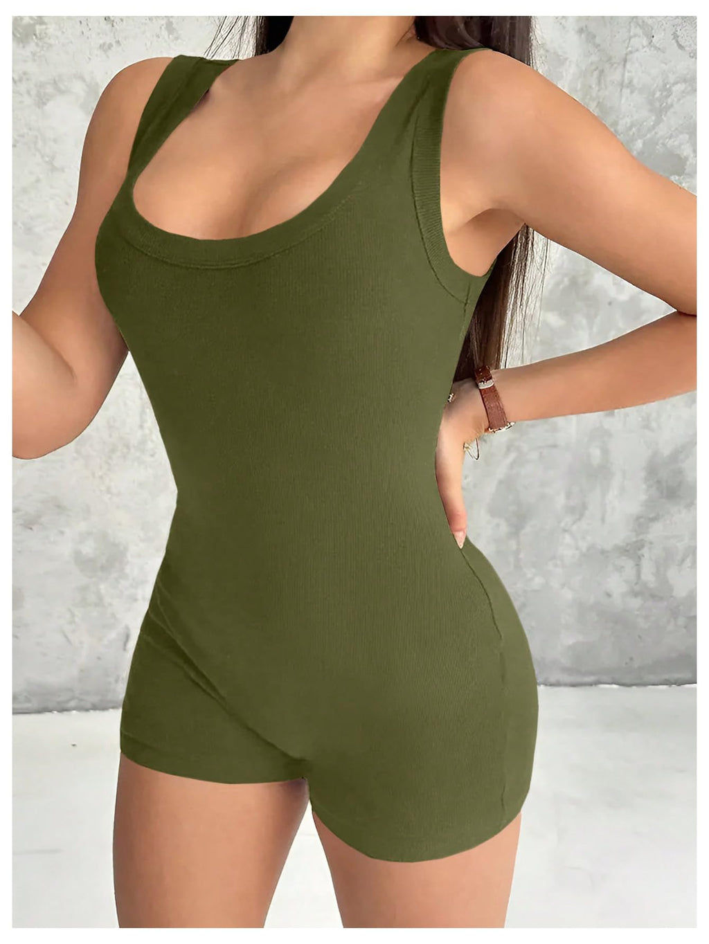WDIRARA Women's Square Neck Sleeveless Bodycon Romper Ribbed Unitard Workout One Piece Shorts Jumpsuit Army Green Medium