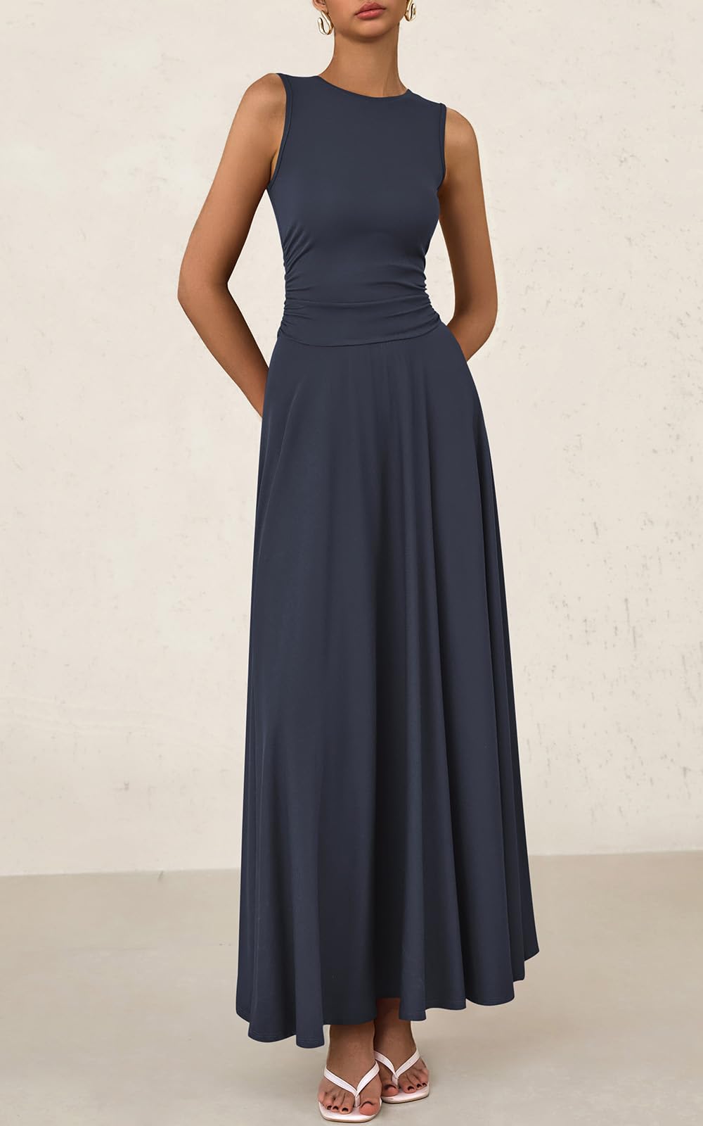 PRETTYGARDEN Womens Spring Dresses 2026 Casual Sleeveless Crewneck Aline Maxi Dress Stretch Tank Flowy Long Dresses (Navy, XX-Large)