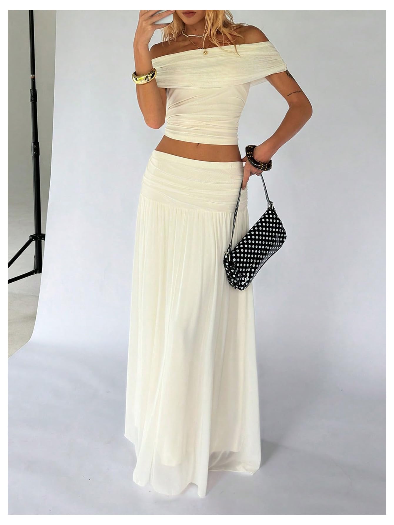 WDIRARA Women's 2 Piece Skirt Outfits Ruched Off Shoulder Top Maxi Skirt Set Beach Vacation Outfits Apricot Medium