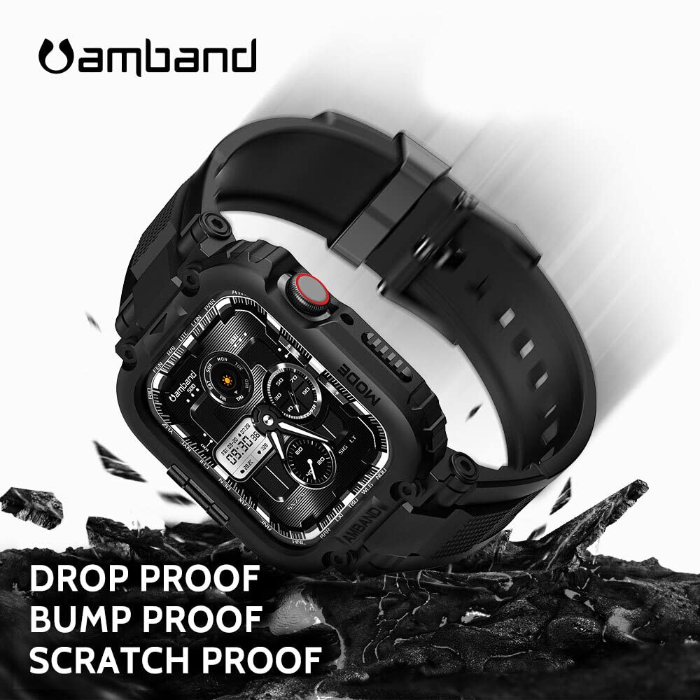 amBand Bands Compatible with Apple Watch 9/8/7/6/5/4 & SE 3/2/1 45mm/44mm Case for Men, M1 Sport Series Rugged Case Protective Cover for iWatch SE3/SE2/6/SE/5/4/3 42/44/45mm Men Black
