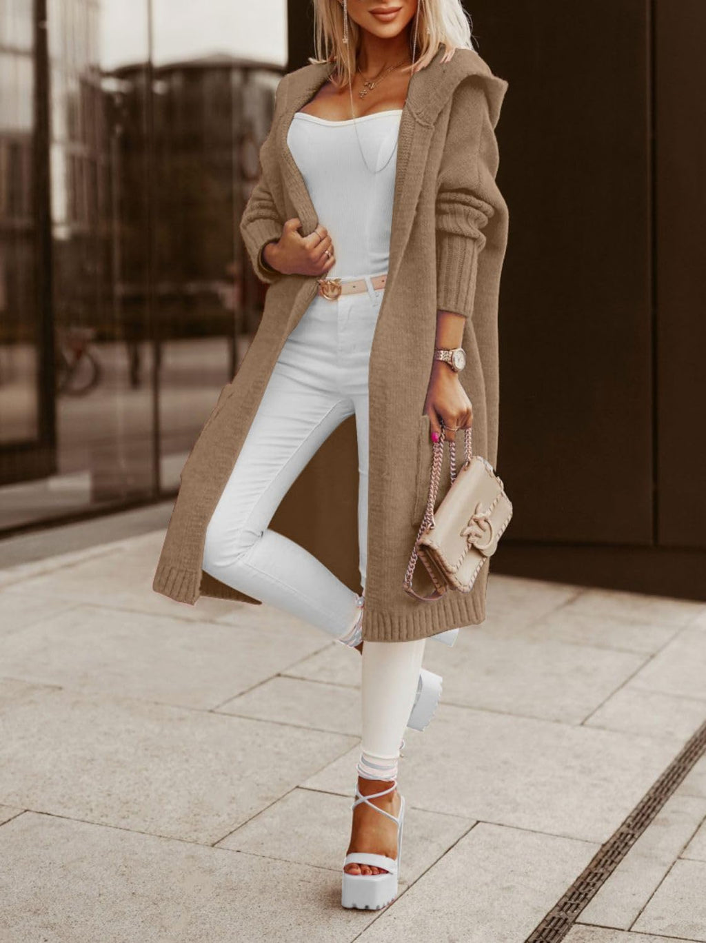 Aoysky Womens Long Cardigans Cable Knitted Open Front Oversized Hooded Outerwear Sweater Coat Khaki