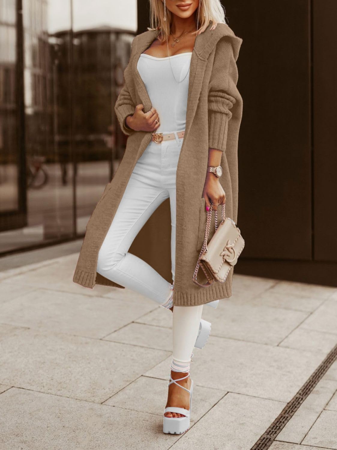 Aoysky Womens Long Cardigans Cable Knitted Open Front Oversized Hooded Outerwear Sweater Coat Khaki