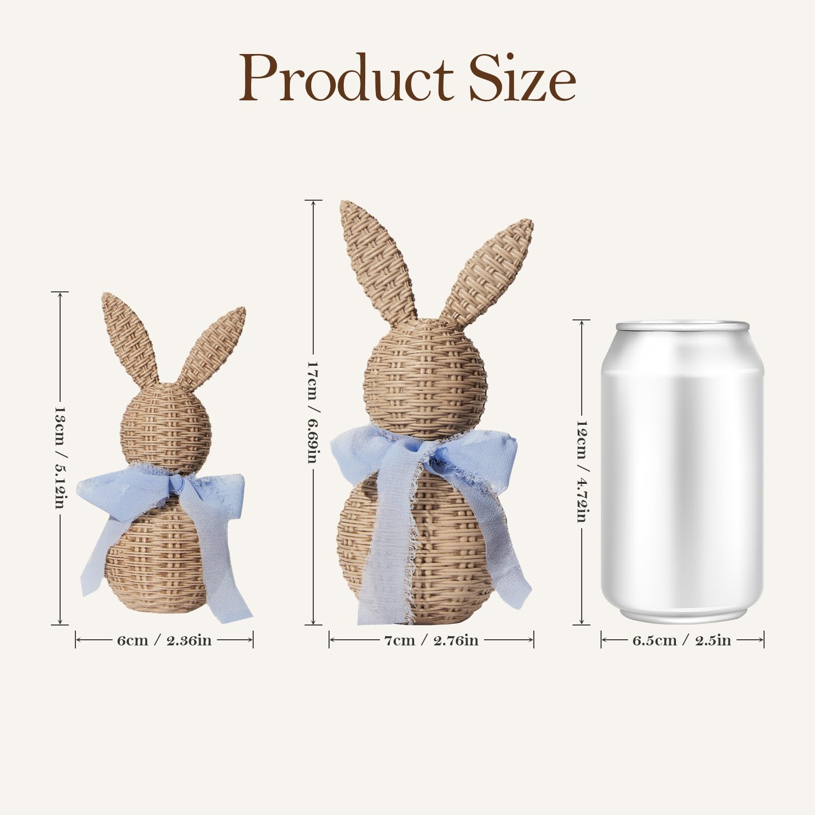 WDS WONDROUS Rattan Effect Resin Bunnies with Light Blue Bow 2-Pcs Large & Small, Easter Decorations Bunny Figurines Set, Farmhouse Spring Table Centerpiece Decor for Home Wedding Gift
