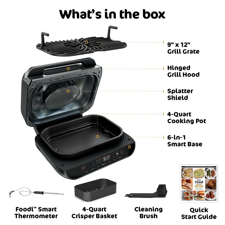 Ninja | Indoor Grill and Air Fryer| Foodi Smart XL | 6-in-1 Grill, Air Fry, Roast, Bake, Broil, Dehydrate & Crisp |Smart Thermometer & Splatter Shield | Dishwasher Safe Parts | Black/Silver | FG551