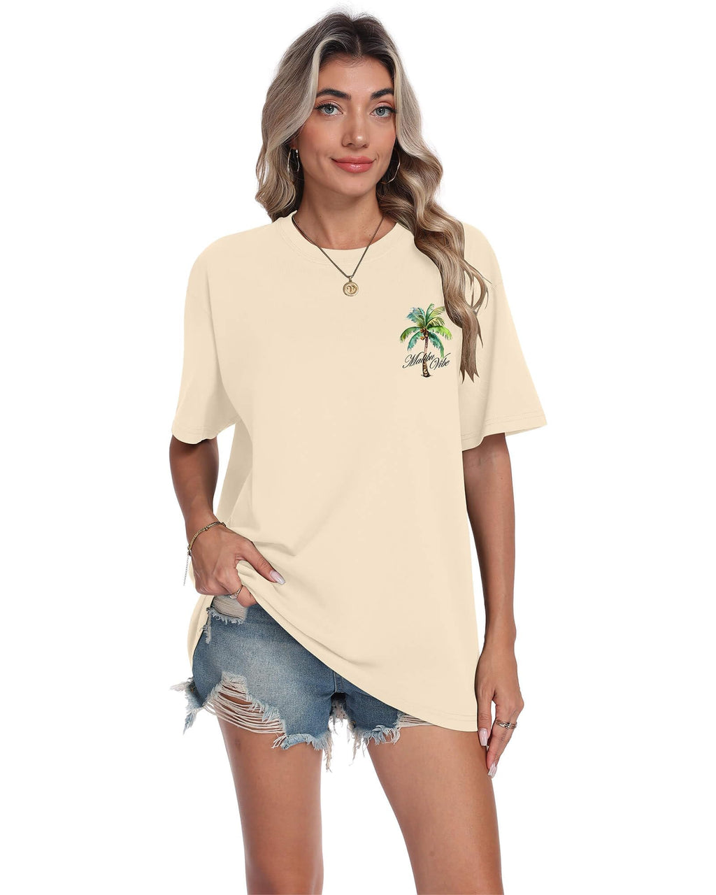Mens Graphic T-Shirts Short Sleeve Malibu Vibe Palm Tree Print Top 100% Cotton Casual California Tees for Men Apricot