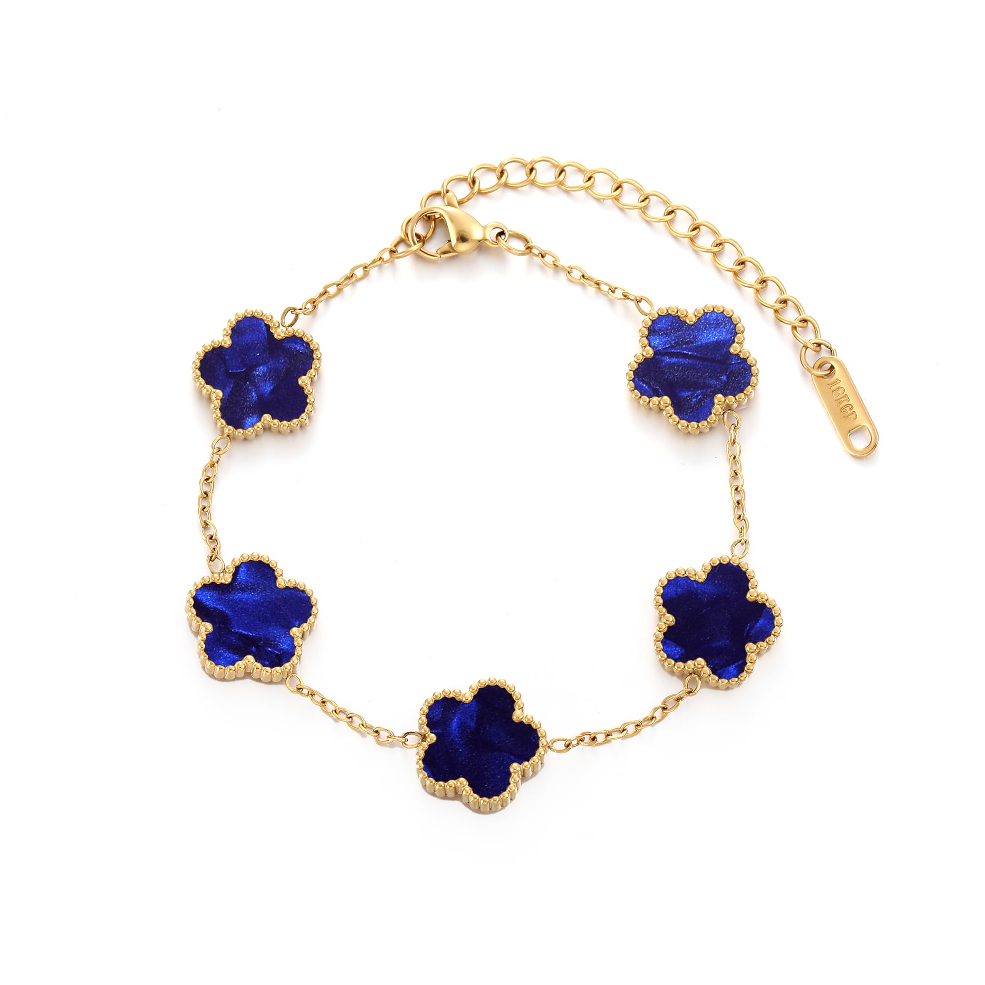 TICVSS Four Leaf Clover Bracelet for Women 18K Gold Plated Stainless Steel Lucky 4 Leaf Gold Link Bracelet Jewelry Gift for Women (Dark blue)