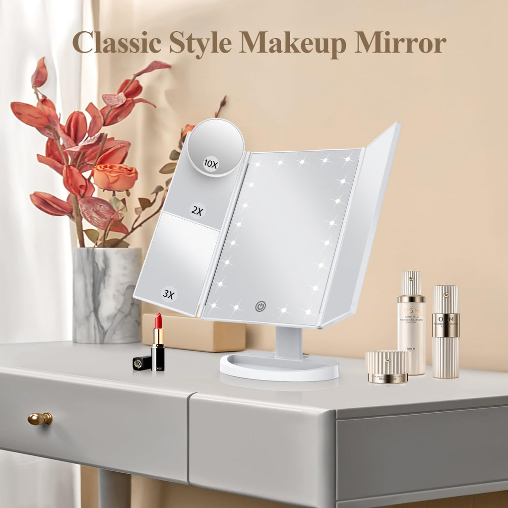 HUONUL Makeup Mirror, Vanity Mirror with Lights, 2X/3X/10X Magnification, Touch Control, Trifold Mirror, Dual Power Supply, Valentines Day Gifts for Her,Gifts for Women, Wife, Mom, Teengirls