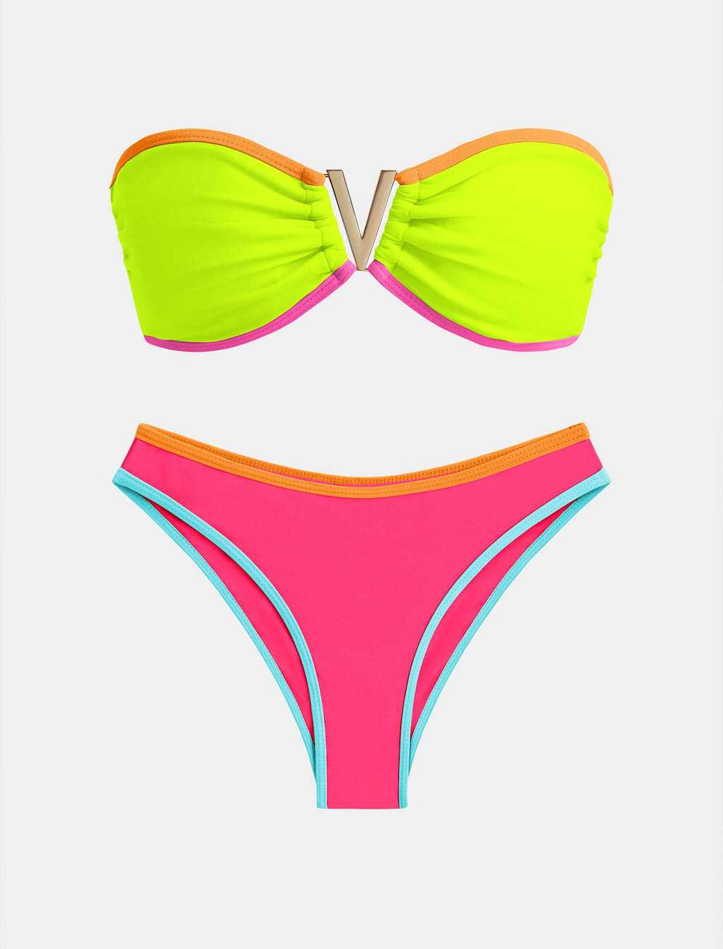 ZAFUL Women's Bandeau Bikini V Strapless Confetti Colorblock Tie Back High Cut Two Piece Swimsuit Bathing Suits (1-Pink+Green, M)