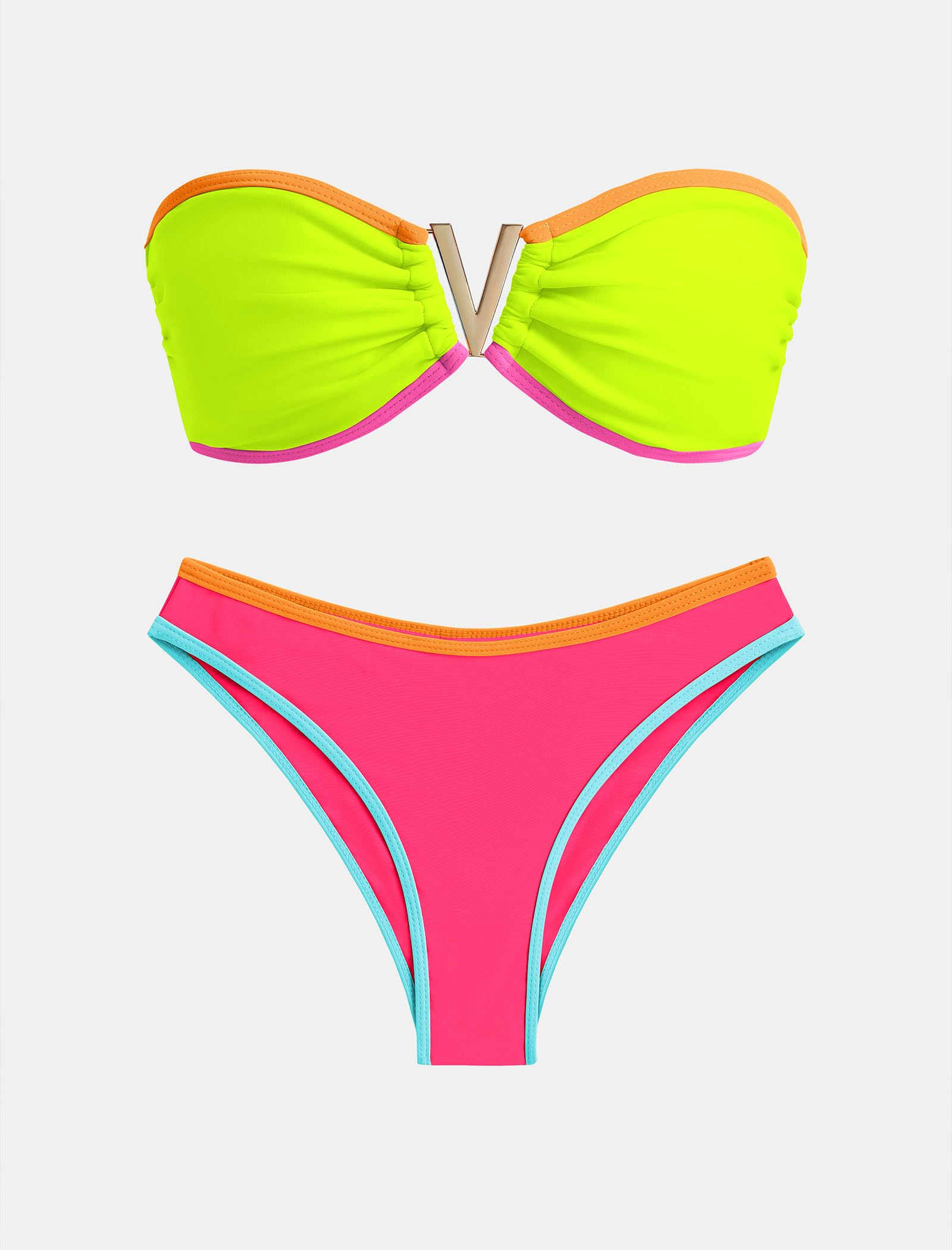 ZAFUL Women's Bandeau Bikini V Strapless Confetti Colorblock Tie Back High Cut Two Piece Swimsuit Bathing Suits (1-Pink+Green, M)