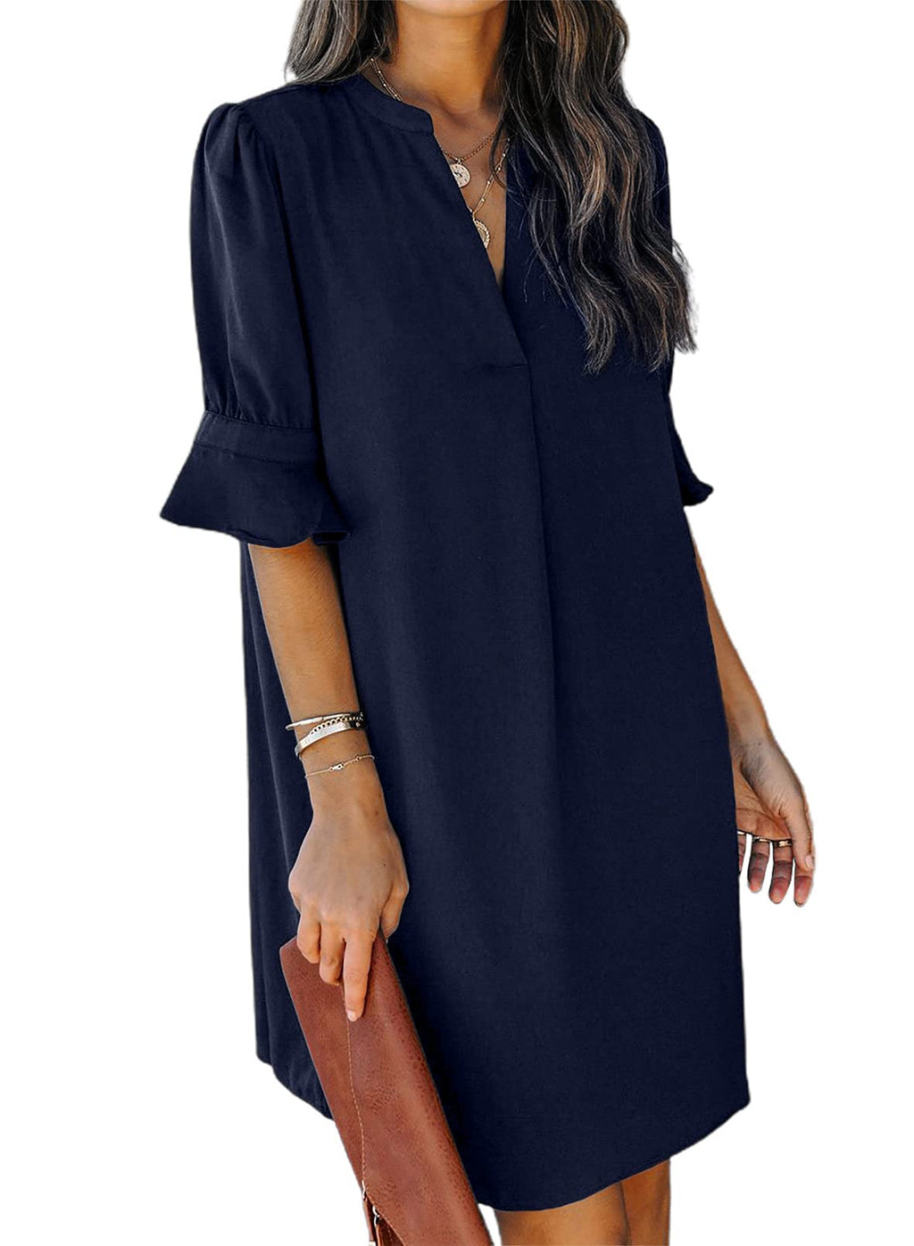 QACOHU Summer Dresses for Womens 2026 V-Neck Short Sleeve Breathable Soft Skin-Friendly Comfortable Tunic Dress Blue L