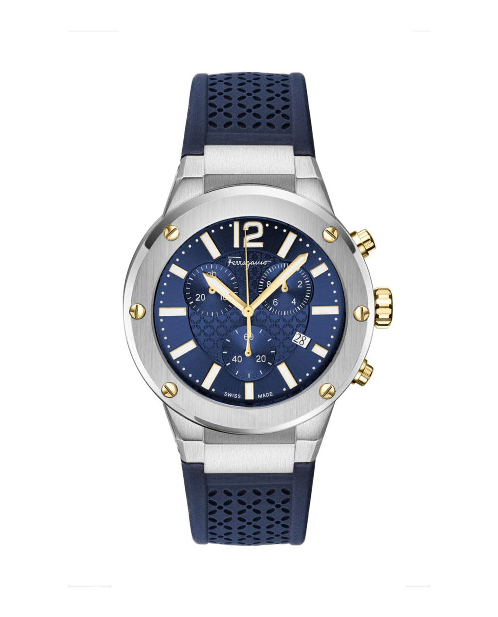 Ferragamo F-80 Chrono Collection Luxury Mens Watch Timepieces with a Black Strap Featuring a Stainless Steel Case and a Blue Dial