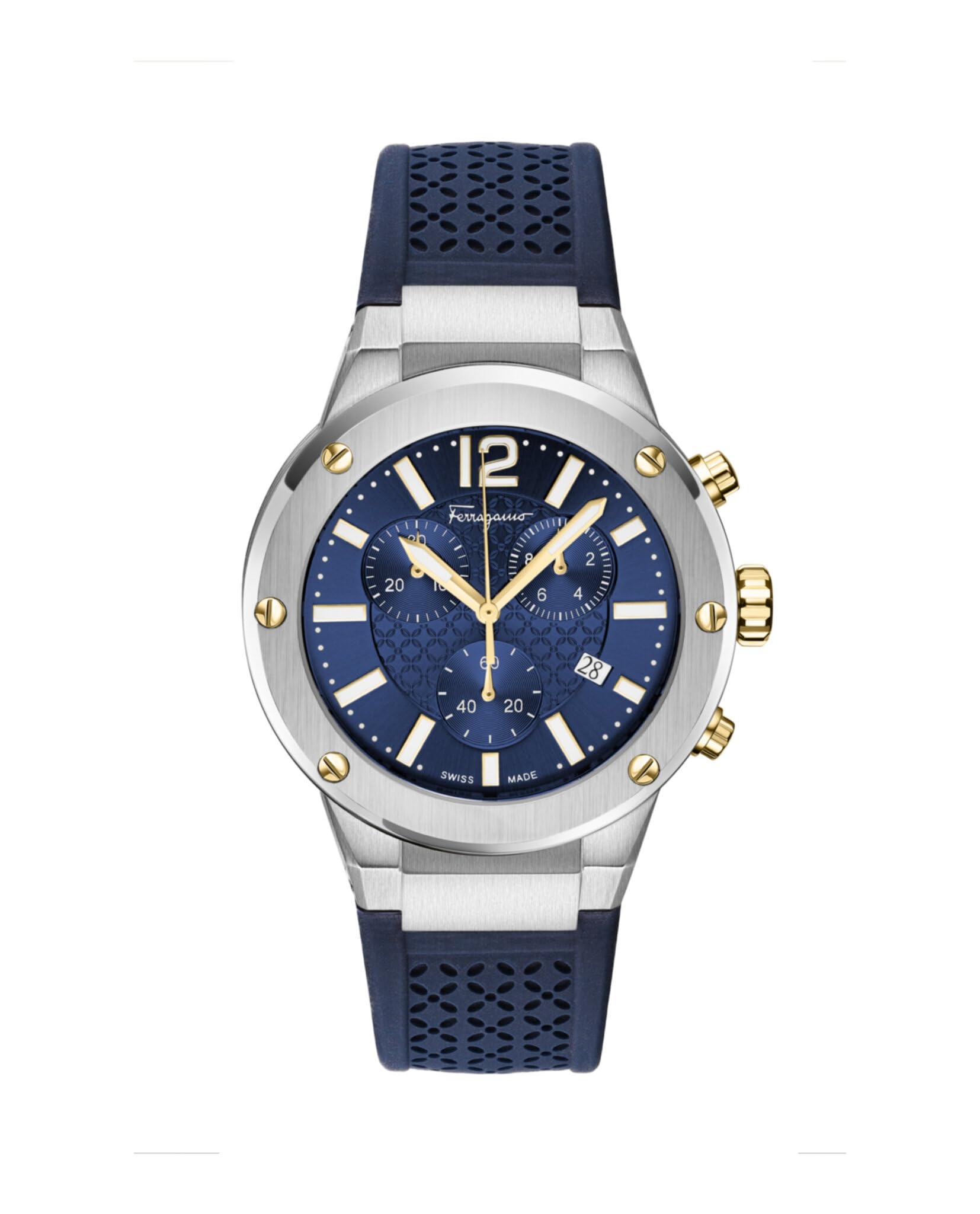 Ferragamo F-80 Chrono Collection Luxury Mens Watch Timepieces with a Black Strap Featuring a Stainless Steel Case and a Blue Dial