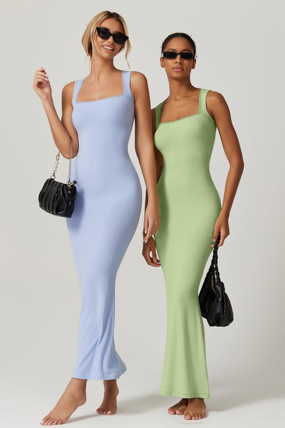 QINSEN Women's Square Neck with Lace Detail Long Maxi Dress Sleeveless Lounge Ribbed Full Length Dresses Green S