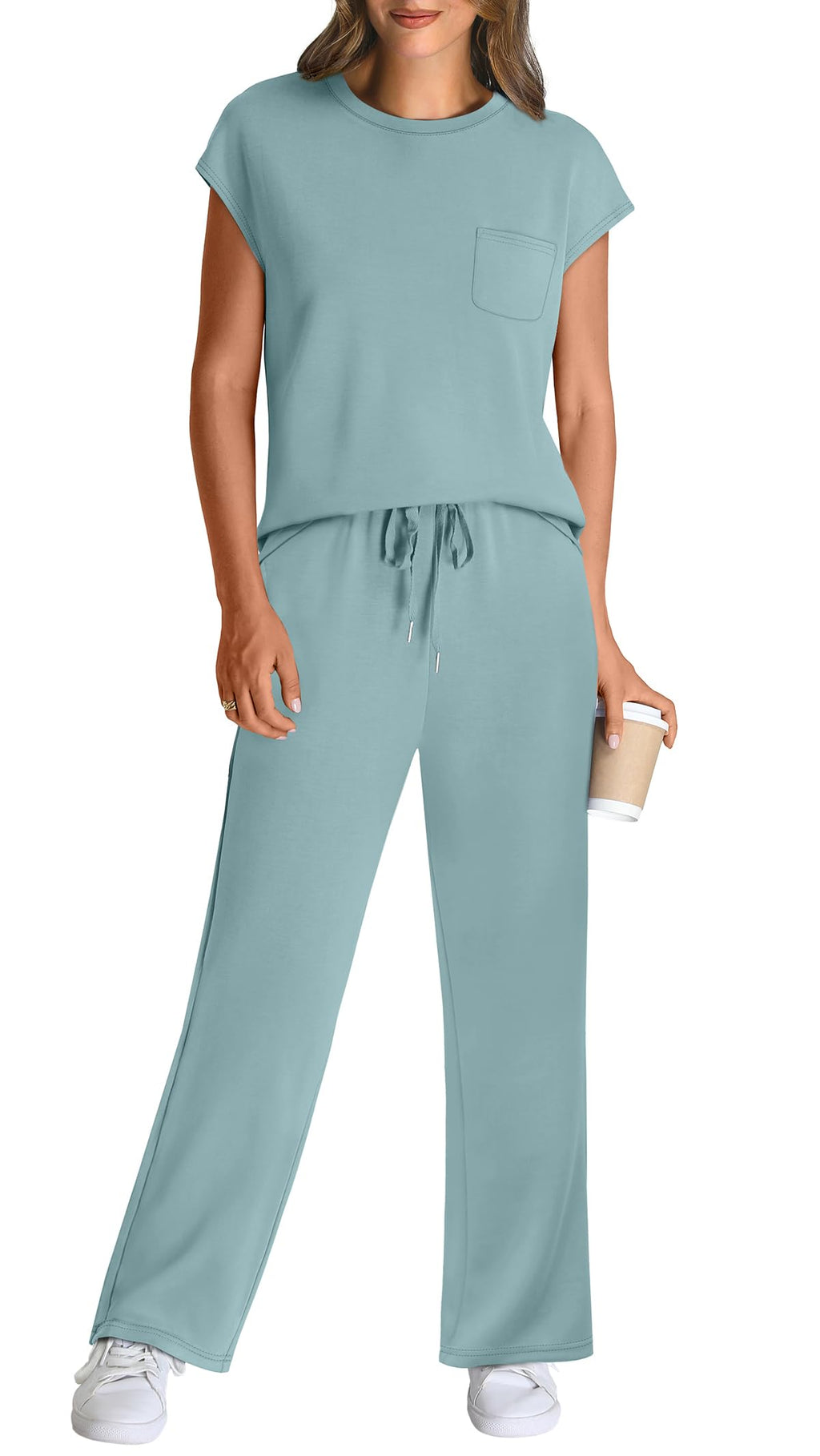 WIHOLL Summer Vacation Outfits for Women 2 Piece Sets Short Sleeve Lounge Set Womens Loungewear Travel Airport Outfits High Waist Wide Leg Pants Comfy Sets for Women Clothing Lake Blue S