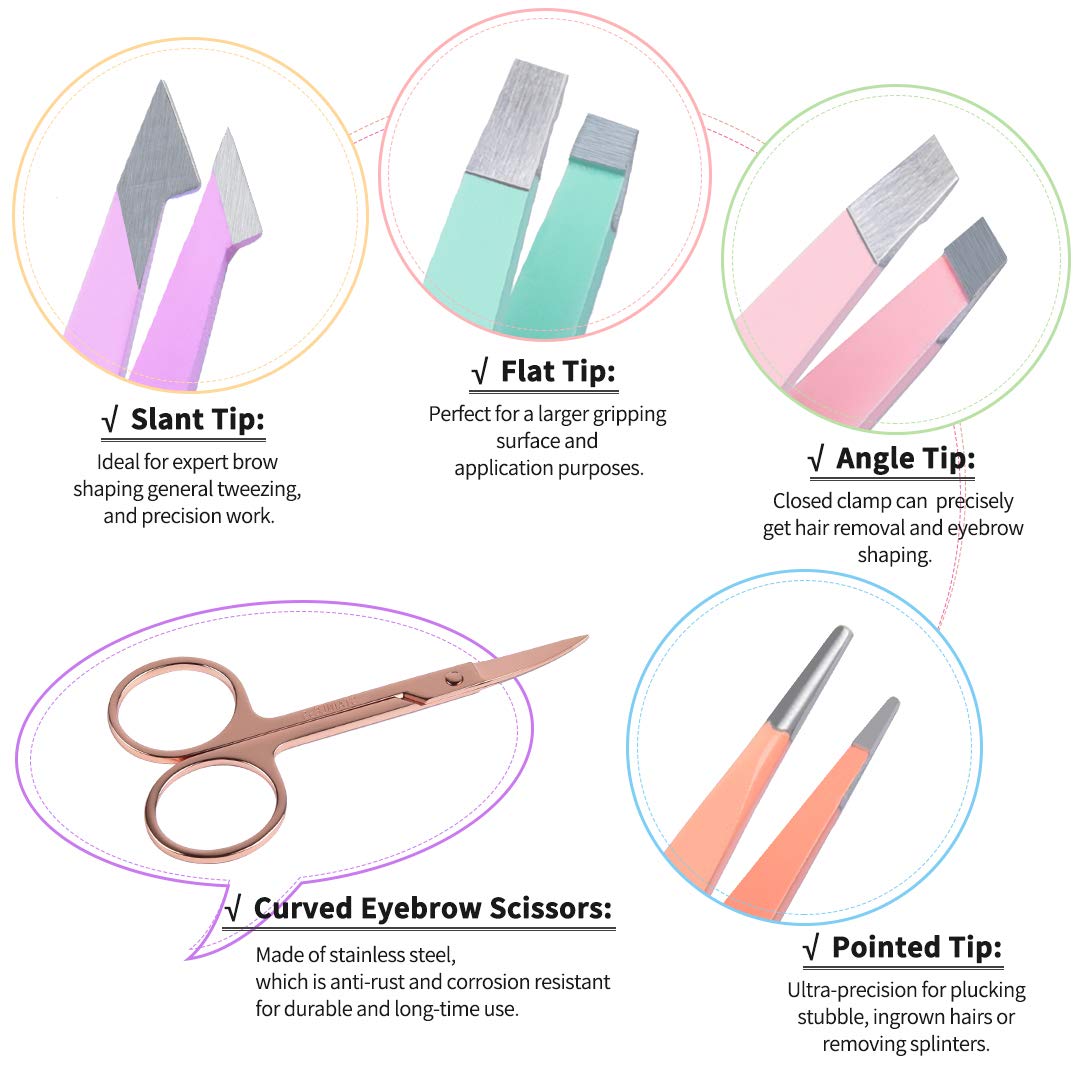 TsMADDTs 6 pcs Tweezers Set for Women, Eyebrow Tweezers with Curved Scissor for Ingrown Hair, Hair Plucking Daily Beauty Tools with Leather Travel Case