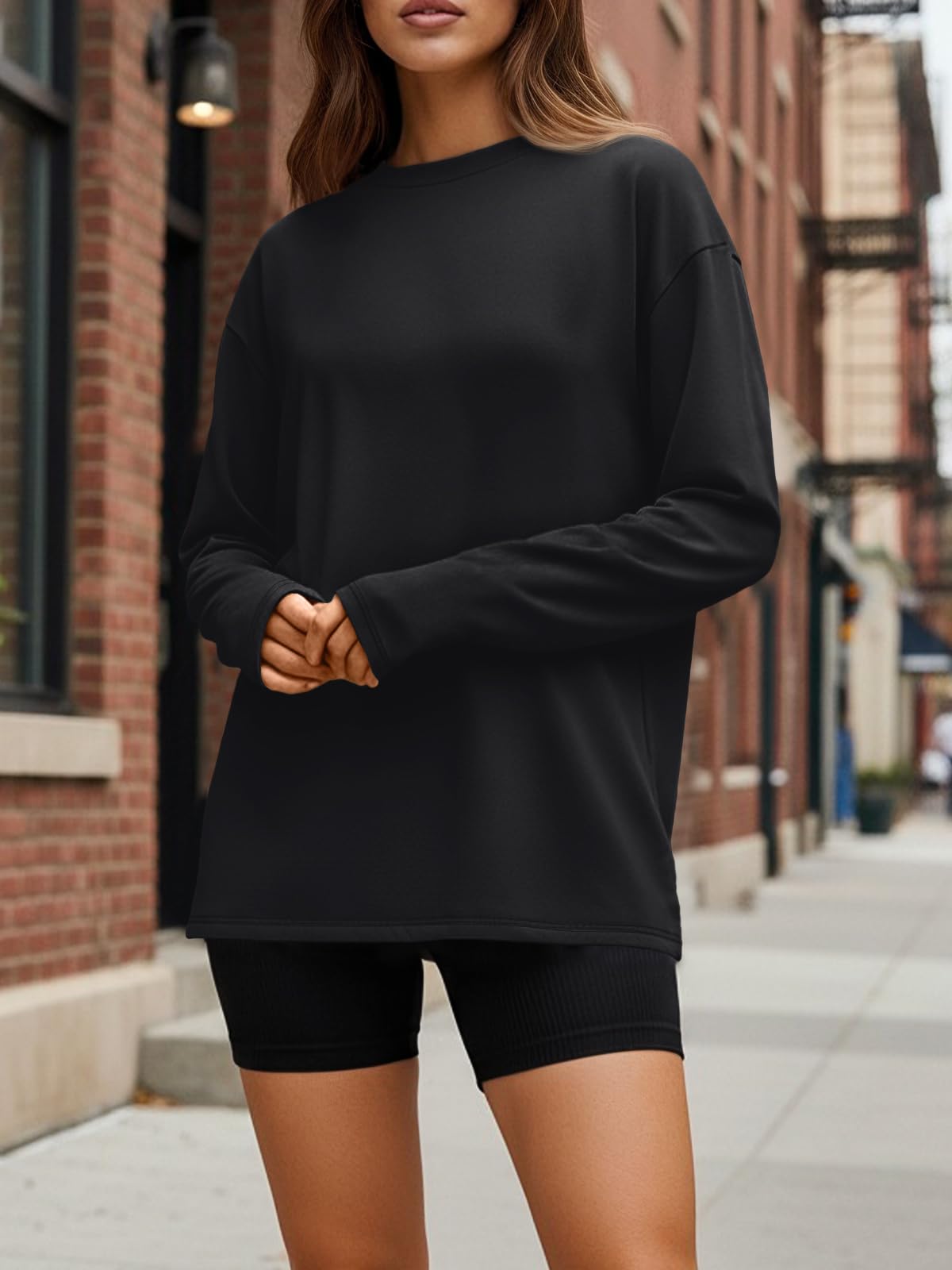 Trendy Queen Womens Spring Tops Oversized Long Sleeve T Shirts 2026 Basic Tee Fall Casual Workout Y2K Clothes Black M