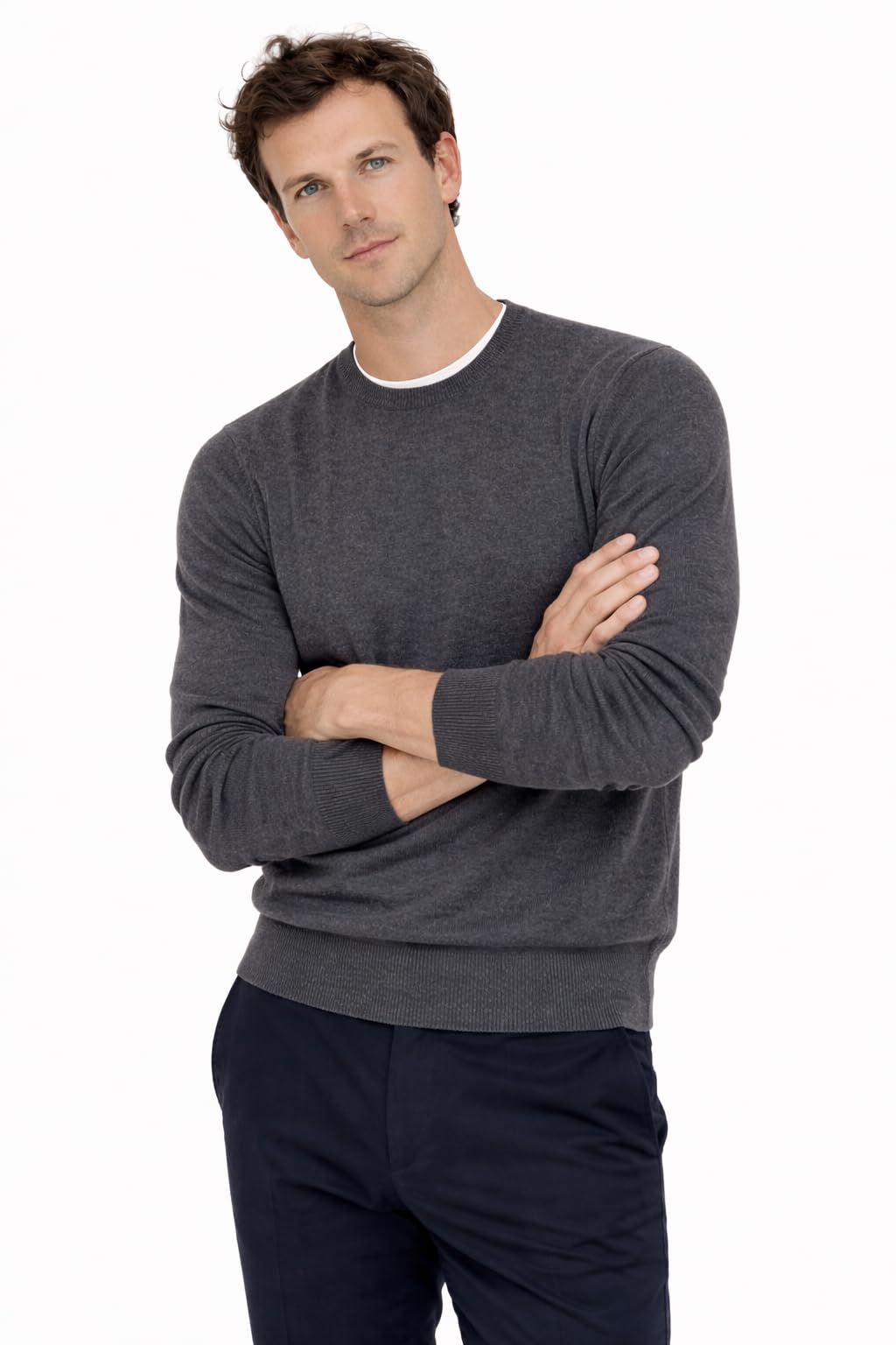 State Cashmere Men's Essential Crewneck Sweater 100% Pure Cashmere Classic Long Sleeve Pullover (City Smoke, Large)