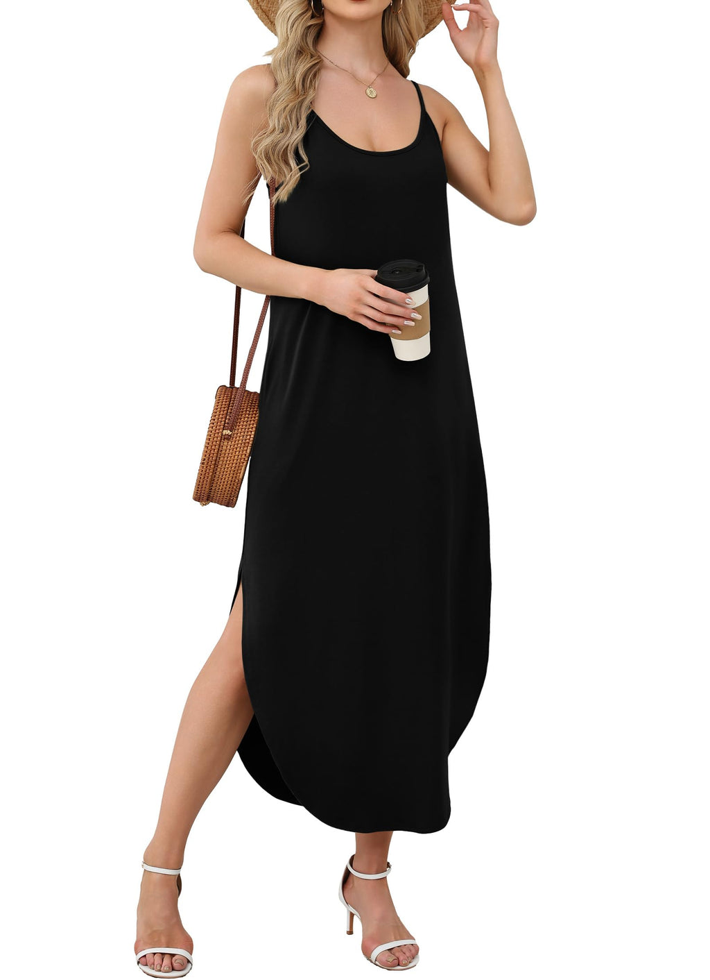 WIHOLL Dresses for Women 2026 Vacation Casual Maxi Summer Dress V Neck Weddging Guest Sundress Church Black L