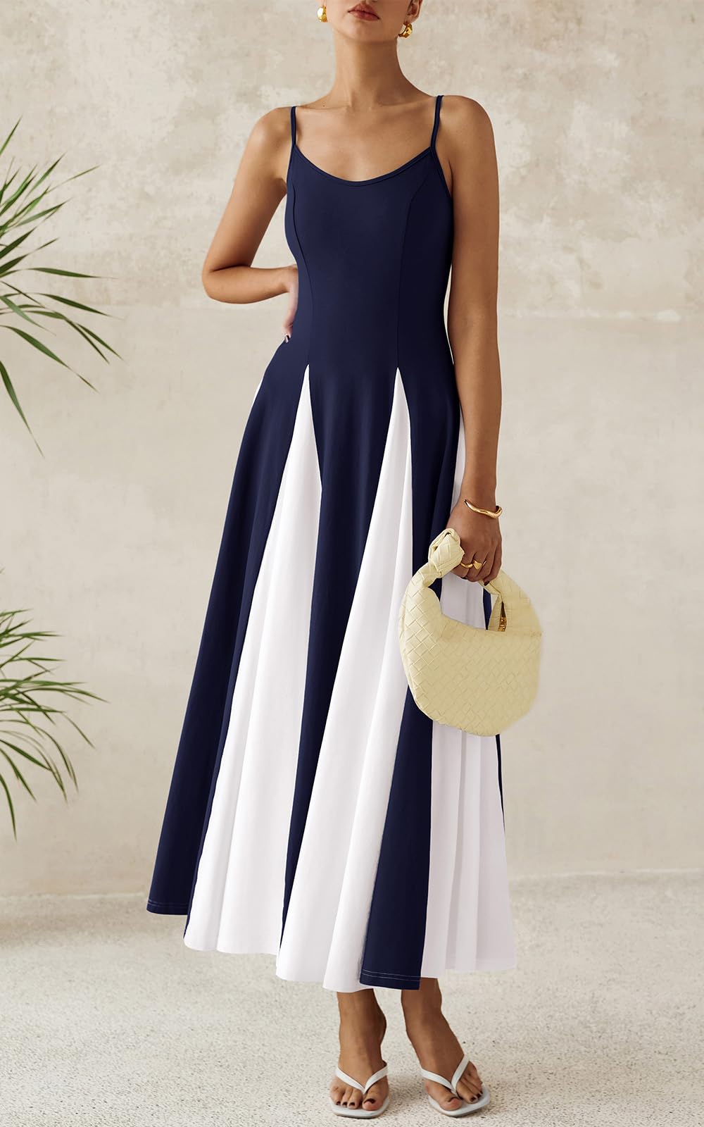 PRETTYGARDEN Spaghetti Strap Backless Spring Dresses for Women 2026 Flowy Maxi Dresses Sleeveless Wedding Guest Dress Navy White, Small